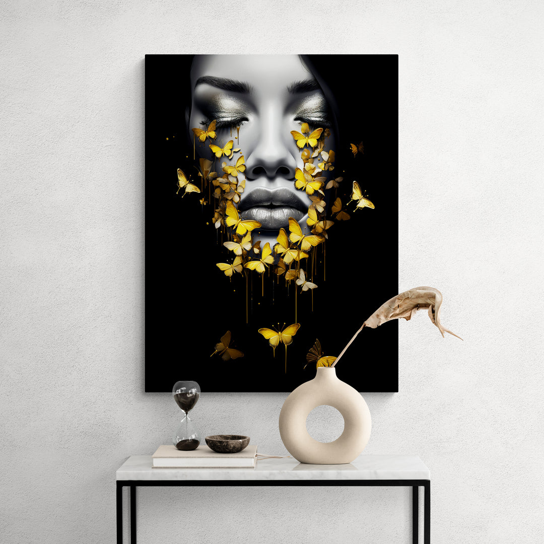 Discover Butterfly Women Face Wall Art, Abstract Butterfly Girl Women Face Black Gold Wall Art, Abstract Butterfly Girl by Original Greattness™ Canvas Wall Art Print