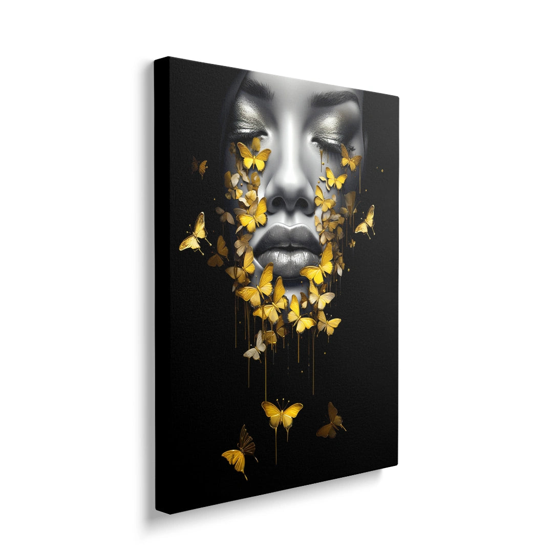 Discover Butterfly Women Face Wall Art, Abstract Butterfly Girl Women Face Black Gold Wall Art, Abstract Butterfly Girl by Original Greattness™ Canvas Wall Art Print