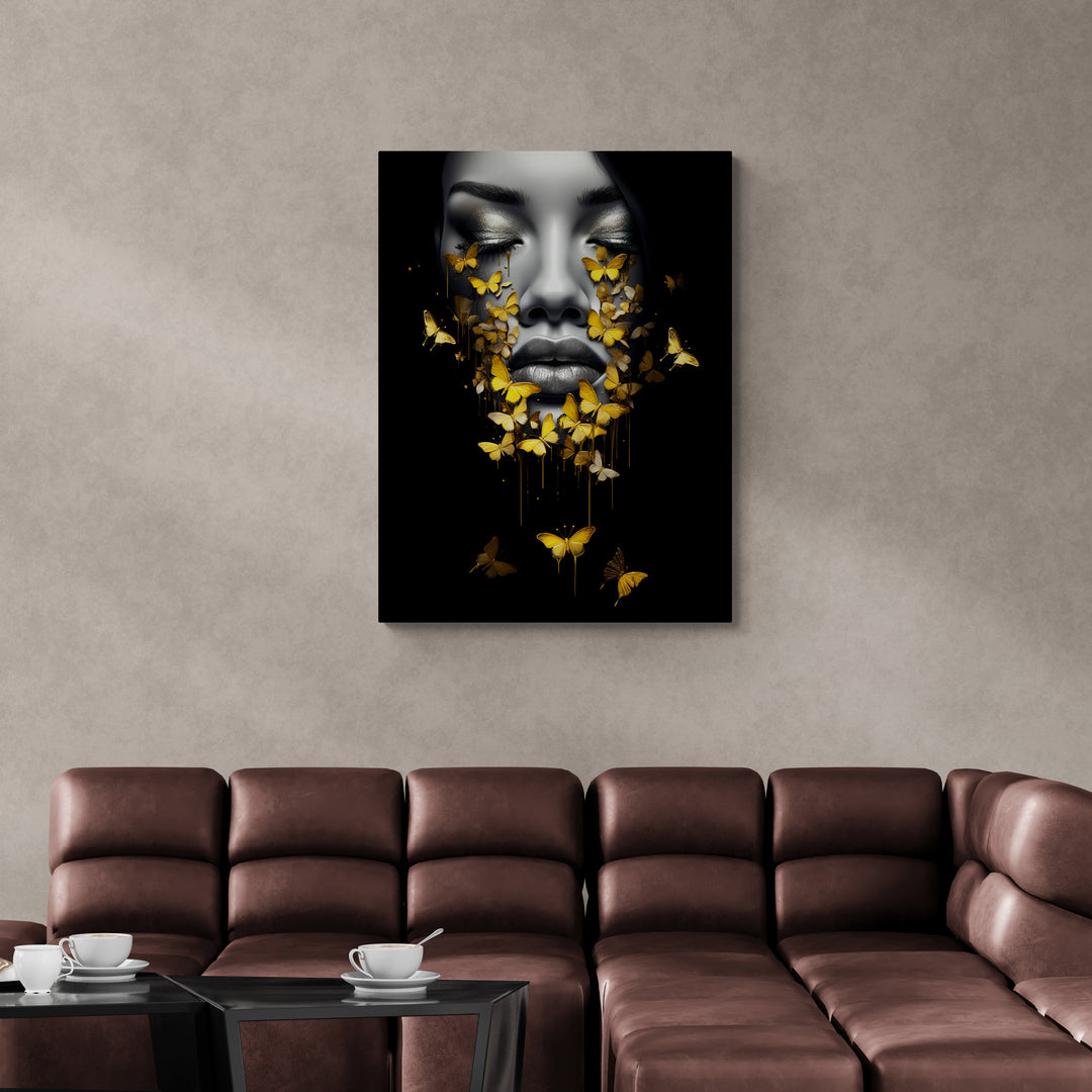 Discover Butterfly Women Face Wall Art, Abstract Butterfly Girl Women Face Black Gold Wall Art, Abstract Butterfly Girl by Original Greattness™ Canvas Wall Art Print