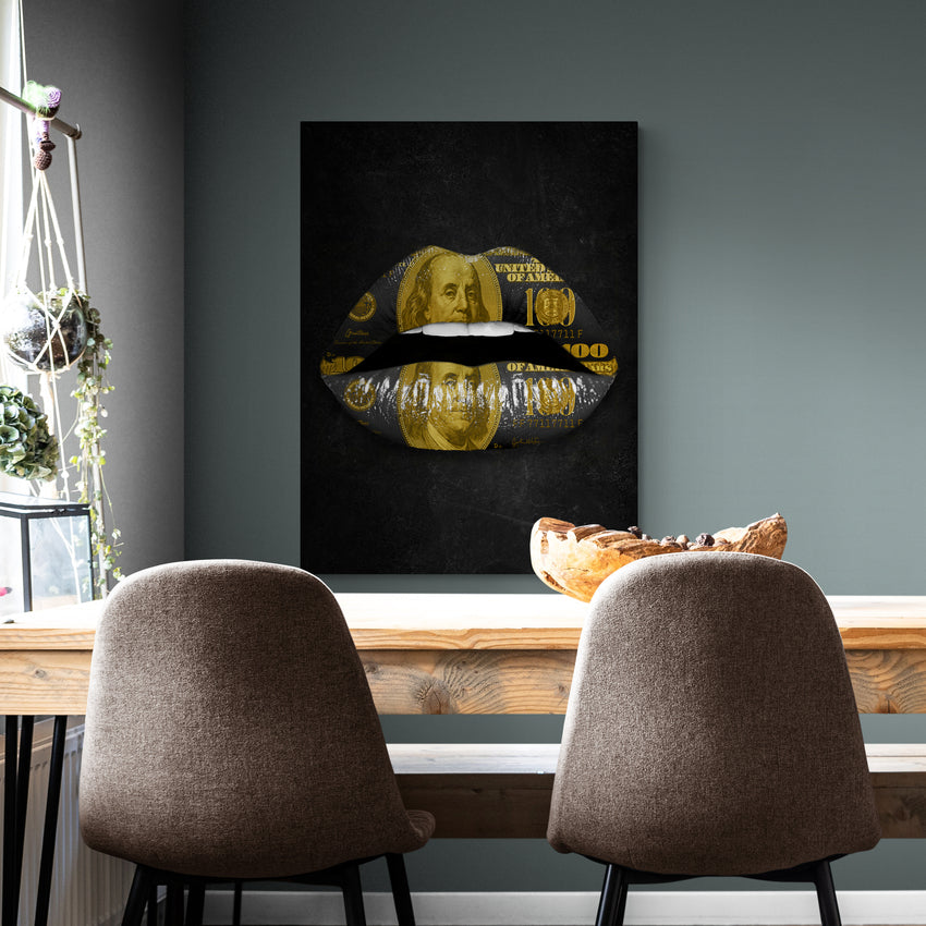 Discover Money Lips Canvas Art, Gold Dollar Lips Wall Art - Inspirational Lips Money Artwork, GOLD DOLLAR LIPS by Original Greattness™ Canvas Wall Art Print