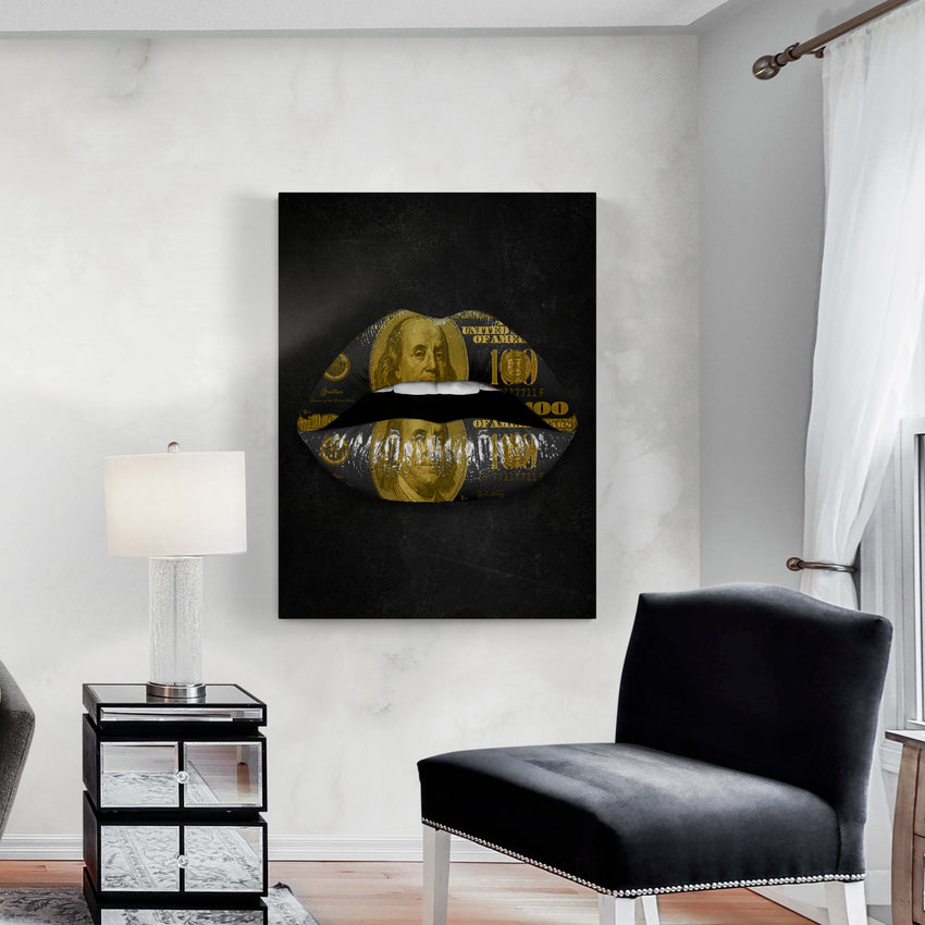 Discover Money Lips Canvas Art, Gold Dollar Lips Wall Art - Inspirational Lips Money Artwork, GOLD DOLLAR LIPS by Original Greattness™ Canvas Wall Art Print