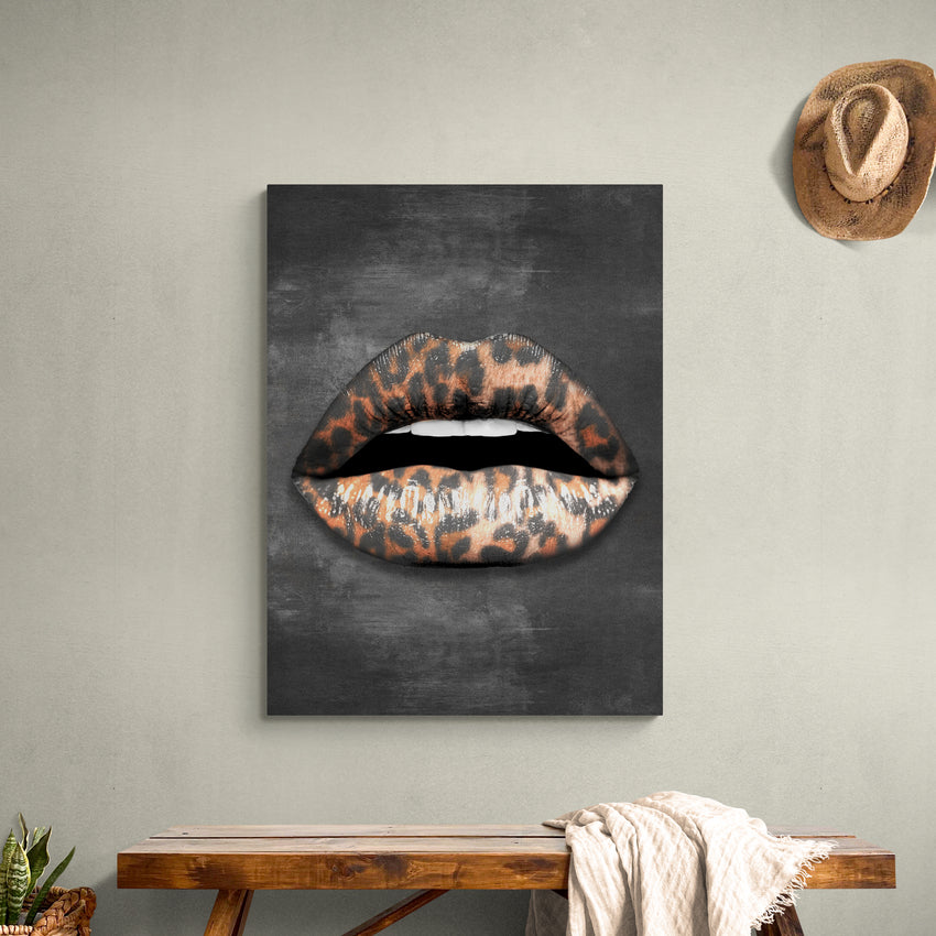 Discover Lips Canvas Wall Art, Leopard Lips Black Grey Canvas Artwork, LEOPARD LIPS by Original Greattness™ Canvas Wall Art Print