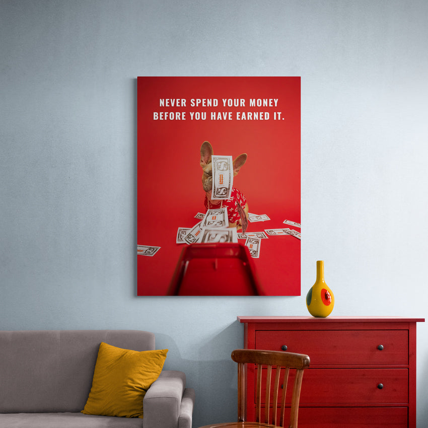 Discover Shop Red Motivational Canvas Art, Supreme Money Gun Dog Quote Red Canvas Art, SPEND AND EARNED MONEY by Original Greattness™ Canvas Wall Art Print