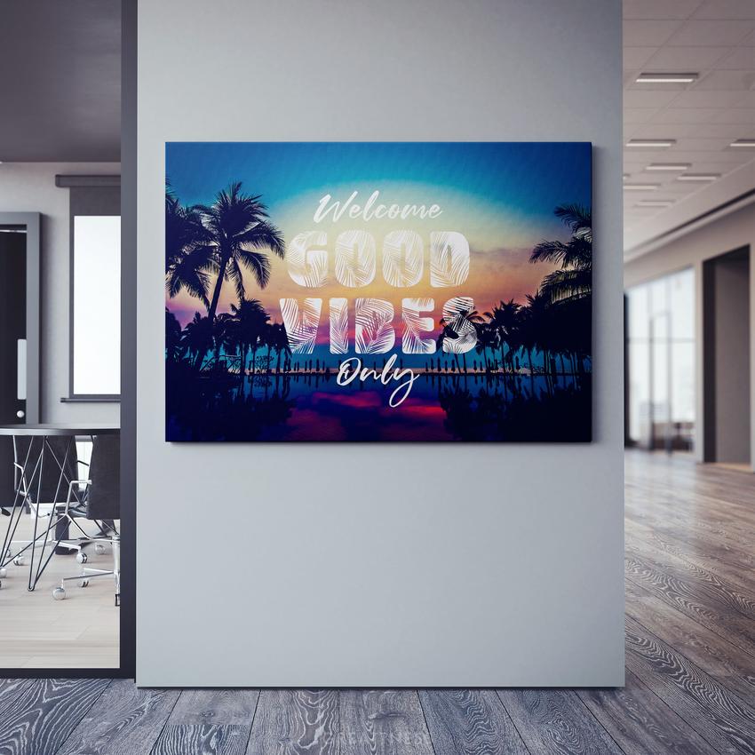 Discover Shop Good Vibes Wall Art, Welcome Good Vibes Only Canvas Art, Sunset on Beach Artwork, WELCOME GOOD VIBES ONLY by Original Greattness™ Canvas Wall Art Print