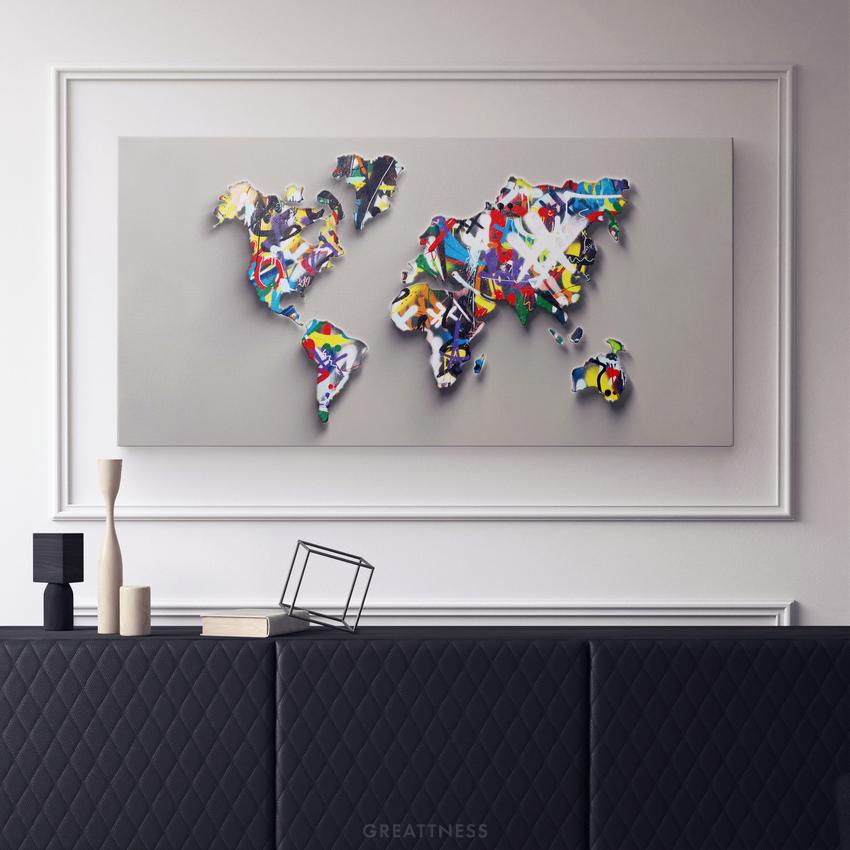 Discover Shop Graffiti World Map Art, Colorful Abstract Graffiti World Map Wall Art, GRAFFITI MAP by Original Greattness™ Canvas Wall Art Print