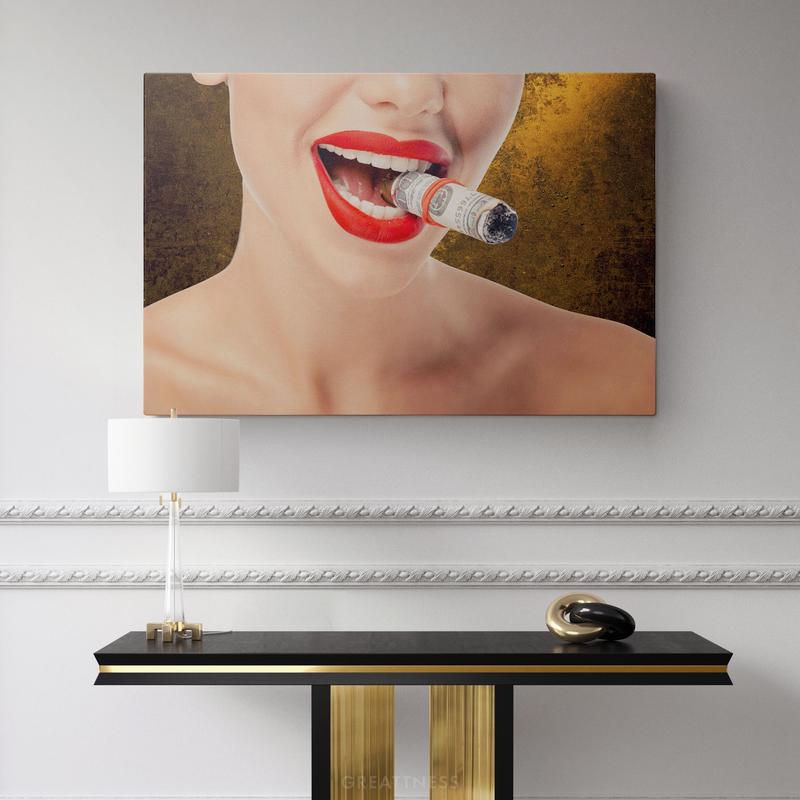 Discover Greattness Original, Money Cigar Women Gold Canvas Wall Art , MONEY CIGAR by Original Greattness™ Canvas Wall Art Print