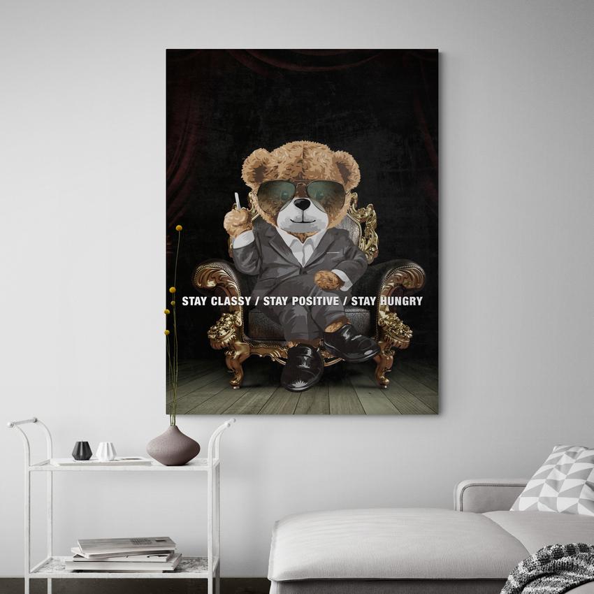 Discover Shop Classic Canvas Art, Stay Classy, Stay Hungry Quote Bear Motivational Canvas Art, STAY CLASSY BEAR by Original Greattness™ Canvas Wall Art Print