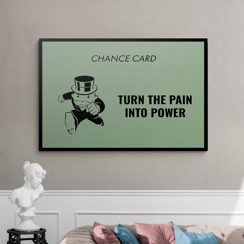 Discover Monopoly Card Canvas Art, Pain Into Power Monopoly Chance Card Canvas Art, PAIN INTO POWER by Original Greattness™ Canvas Wall Art Print