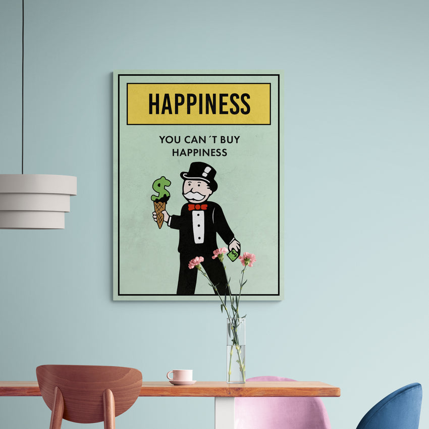 Discover Shop Monopoly Success Art, Motivational Monopoly Property Card Canvas Wall Art, MONOPOLY PROPERTY - HAPPINESS by Original Greattness™ Canvas Wall Art Print