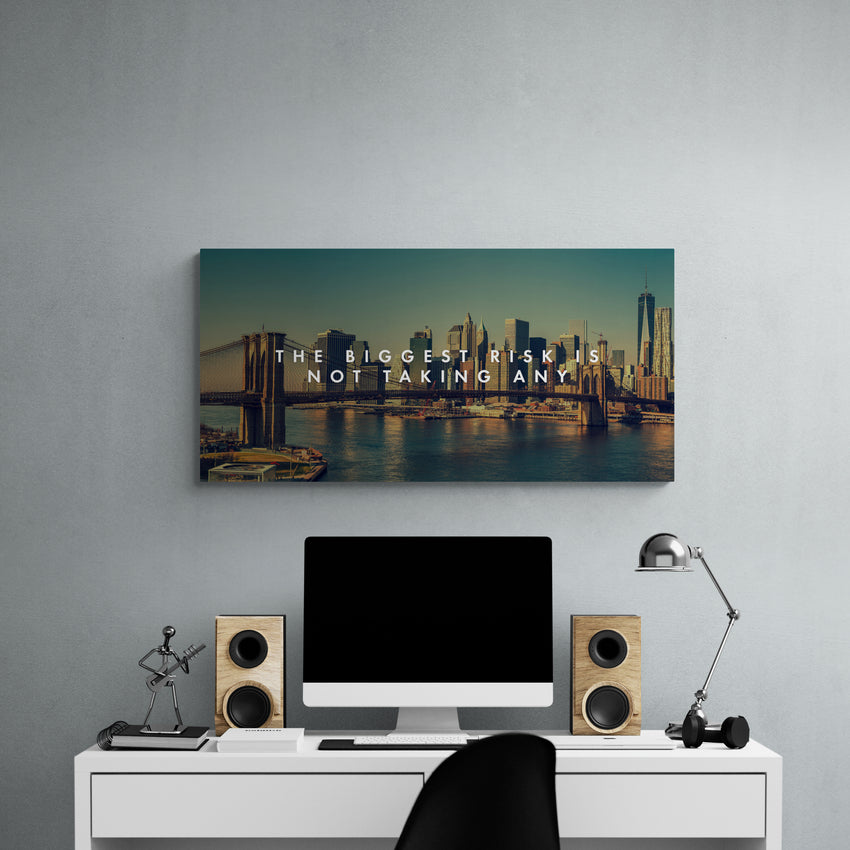 Discover Inspirational Quote Wall Art, Brooklyn Bridge NY New York City Motivational Canvas Art, The Biggest Risk by Original Greattness™ Canvas Wall Art Print